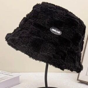 Fluffy black bucket hat